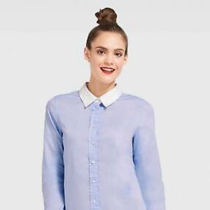 DRAPER JAMES Blue Contrast Collar Classic Button Down Blouse Size 6